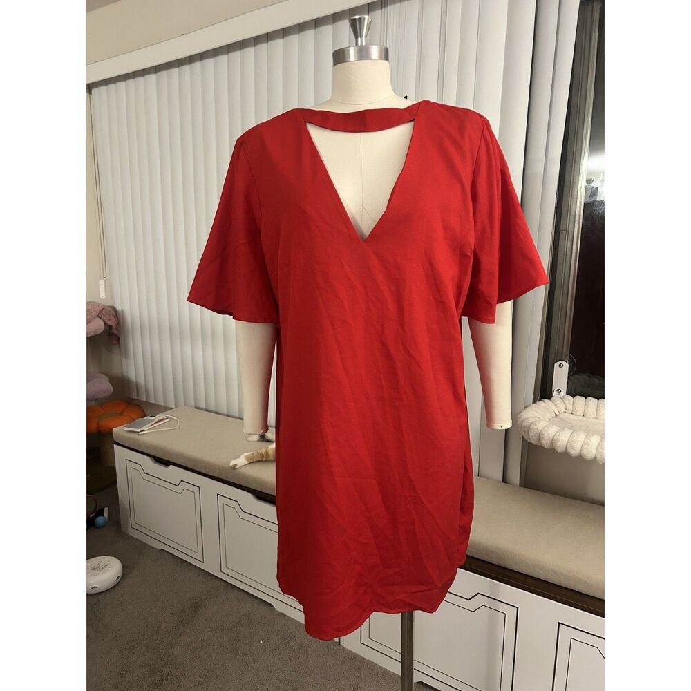 Boohoo Plus Red Choker V Neck Shift Dress Womens US 14 Frill Sleeve NWT Berry - Picture 5 of 7